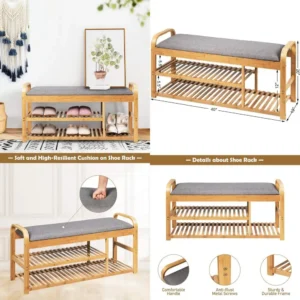3-tier Bamboo Shoe Storage Bench with Cushion