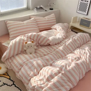 4 Pieces Striped Duvet Cover Set, 100% Washed Cotton