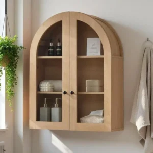 Bathroom Arched Wall Cabinet, W/ Glass Doors