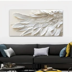 Modern Wall Art, White Feather Mural, 1.5 inch Thick Pine Frame