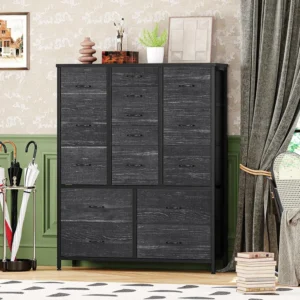 Chest of 15 Fabric Drawers, Large Storage Organizer, Metal Frame 100 x 30 x 123 cm Black