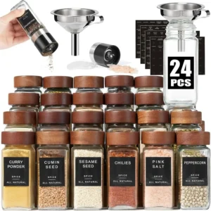 24 Pcs Glass Spice Jars with Labels, 4 OZ Square Wood Lid