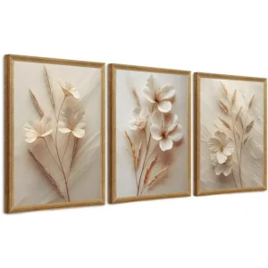 3 Pcs Framed Neutral Beige Floral Canvas Wall Art