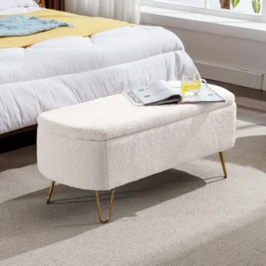 40" Boucle Sherpa Upholstered Ottoman Bench with Gold Legs